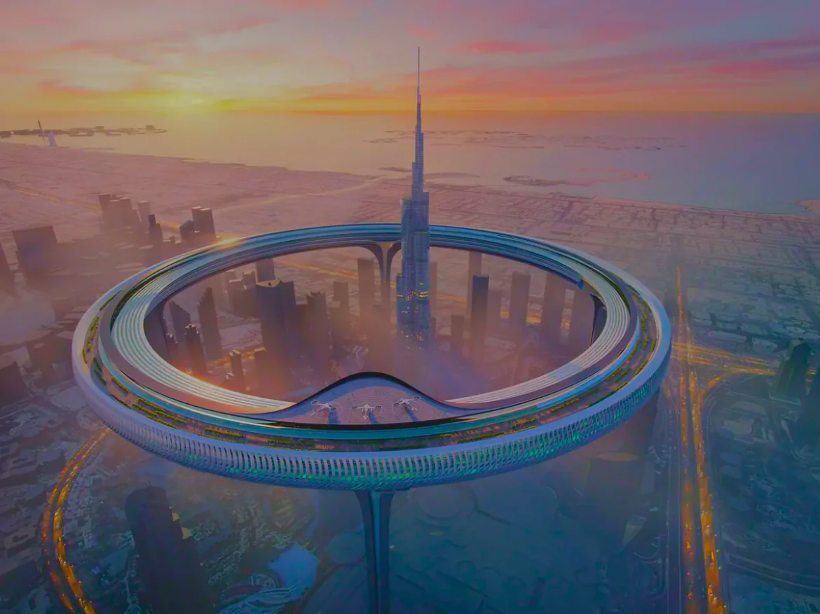 Aerial view of Dubai's futuristic skyline, showcasing the planned circular skyscraper near the Burj Khalifa.